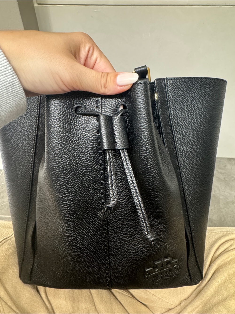 Tory Burch Black Pebbled Leather Drawstring Tote with Top Handles - Picture 3 of 5